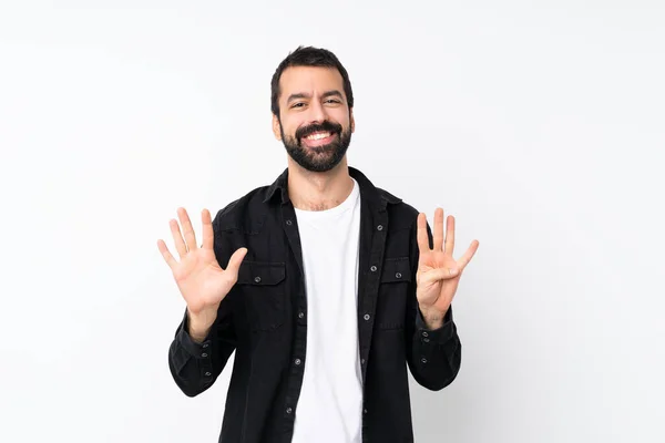 Jongeman Met Baard Geïsoleerde Witte Achtergrond Tellen Negen Met Vingers — Stockfoto