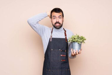 Bir bitkiyi izole edilmiş arka planda tutan adam hayal kırıklığına uğramış ve ellerini başının üstüne koyuyor.