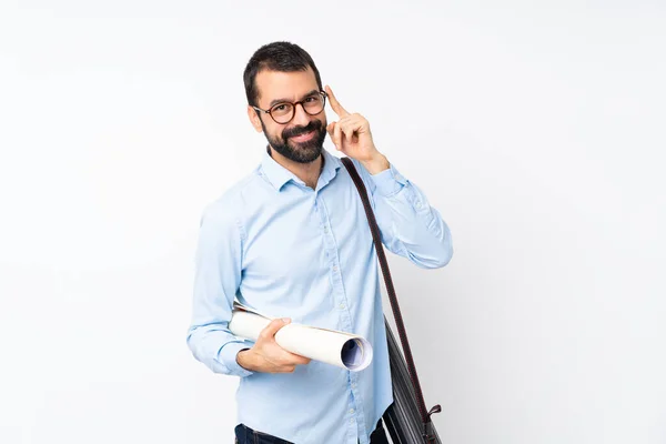 Jeune Architecte Homme Avec Barbe Sur Fond Blanc Isolé Avec — Photo