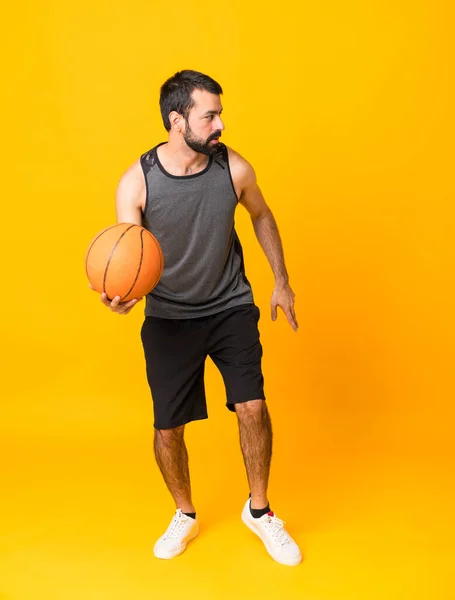 Full Length Shot Man Isolated Yellow Background Playing Basketball — Stok Foto