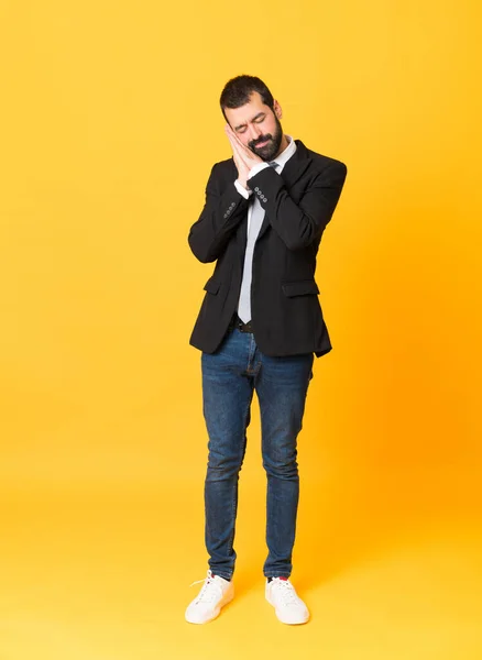 Full Length Shot Business Man Isolated Yellow Background Making Sleep — Stock Photo, Image