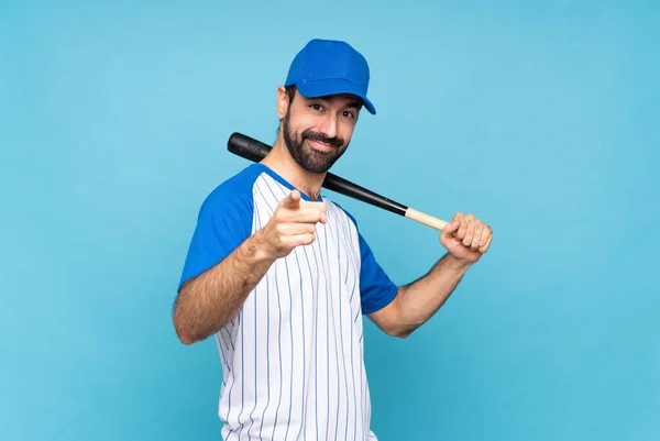 Young Man Playing Baseball Isolated Blue Background Points Finger You — Stock Photo, Image