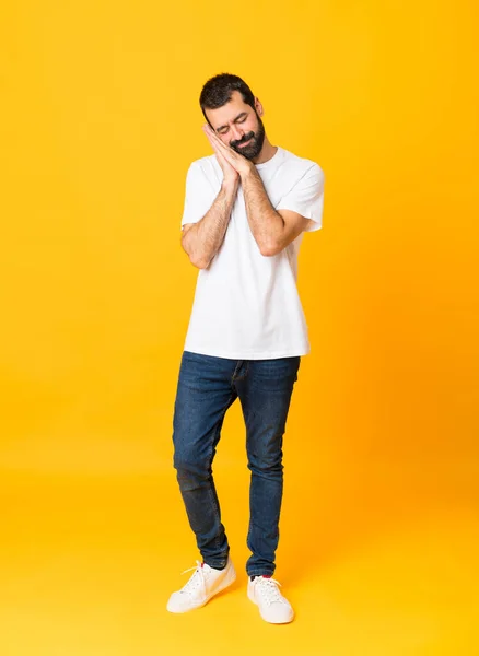 Full Length Shot Man Beard Isolated Yellow Background Making Sleep — Stock Photo, Image