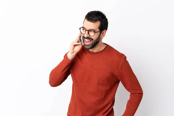 Caucasian Handsome Man Beard Isolated White Background Keeping Conversation Mobile — Stock Photo, Image