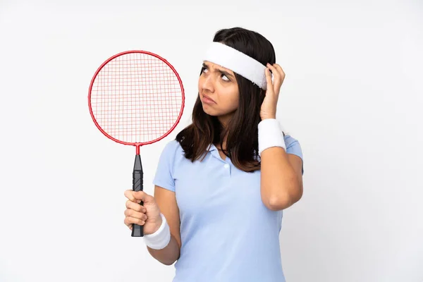 Young Badminton Player Woman Isolated White Background Having Doubts — Stock Photo, Image