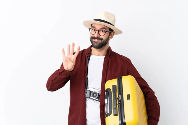 Viaggiatore Uomo Con Barba Tenendo Una Valigia Sfondo Bianco Isolato — Foto Stock