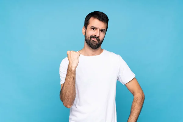 Jongeman Met Baard Geïsoleerde Blauwe Achtergrond Met Boos Gebaar — Stockfoto