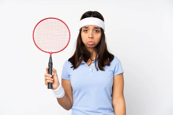 Młoda Badminton Gracz Kobieta Odizolowanym Białym Tle Smutnym Przygnębionym Wyrazem — Zdjęcie stockowe