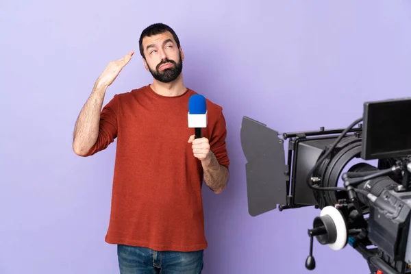 Reporter Man Holding Microphone Reporting News Isolated Purple Background Tired — Stock Photo, Image