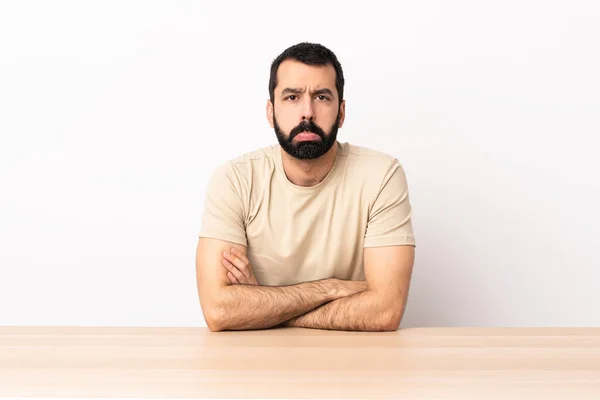 Caucasian Man Beard Table Sad Expression — Stock Photo, Image