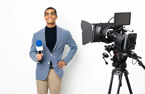 Reporter African American Man Holding Microphone Reporting News Isolated White — Stock Photo, Image