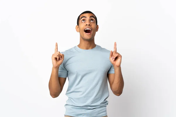 Afro Americano Uomo Oltre Isolato Sfondo Bianco Sorpreso Puntando — Foto Stock