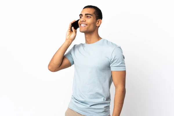 African American Man Isolated White Background Keeping Conversation Mobile Phone — Stock Photo, Image