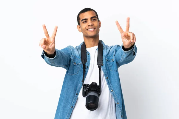 Young African American Photographer Man Isolated White Background Smiling Showing — Stock Photo, Image