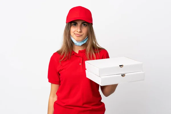 Pizza Donna Consegna Tenendo Una Pizza Proteggendo Dal Coronavirus Con — Foto Stock