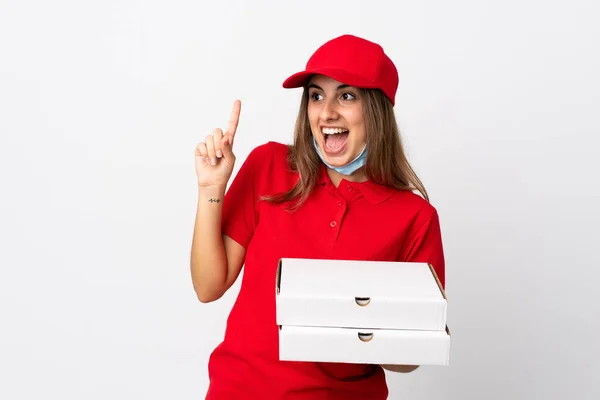 Mulher Entrega Pizza Segurando Uma Pizza Protegendo Coronavírus Com Uma — Fotografia de Stock