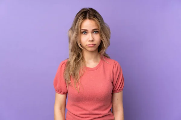 Teenager Russian Girl Isolated Purple Background Sad Depressed Expression — Stock Photo, Image