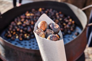 Barbagia, Belvi, Sardinya, İtalya 'da sonbaharda kızarmış kestane