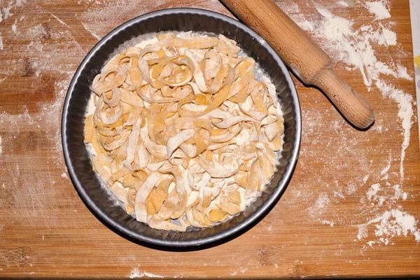 Pâtes Tagliatelles Maison Italiennes Crues Faites Avec Des Œufs Farine — Photo