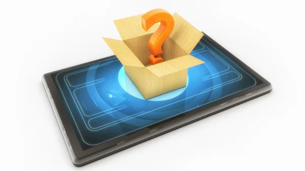 Tablet and box with question mark — Stock Photo, Image