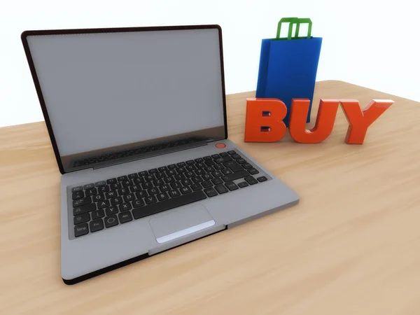 Laptop with shopping bag and word buy — Stock Photo, Image