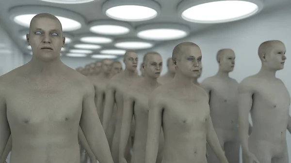 Mänskliga kloner i futuristiska rum — Stockfoto