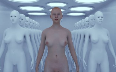 Fütüristik odadaki insan klonlar 