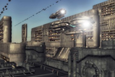 fütüristik şehir ve gemi