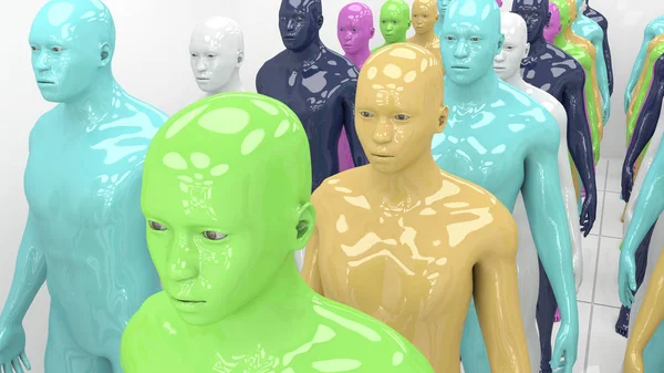 Renderizado 3d. Clones humanoides humanos de diferentes colores —  Fotos de Stock