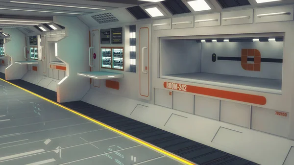 3 d のレンダリング。未来的な内部の廊下宇宙船 — ストック写真