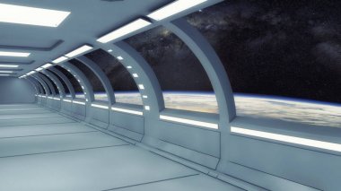 3D render. Fütüristik iç koridor uzay gemisi