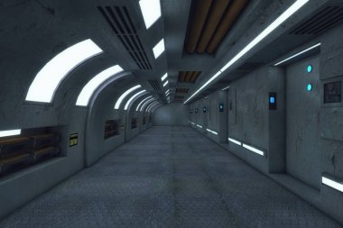 3D render. Fütüristik iç koridor uzay gemisi