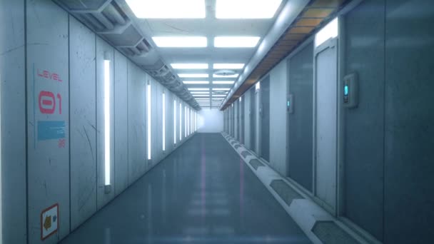 3D render. Futuristic interior corridor spaceship — Stock Video