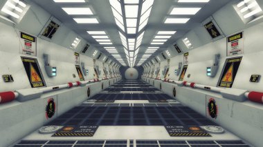 3D render. Fütüristik iç koridor uzay gemisi