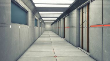 3D render. Fütüristik iç koridor uzay gemisi