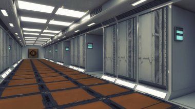 3D render. Fütüristik iç koridor uzay gemisi