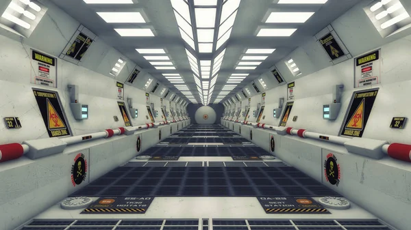 Renderização 3D. Nave espacial de corredor interior futurista — Fotografia de Stock