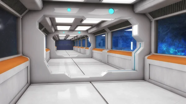 Renderização 3D. Nave espacial de corredor interior futurista — Fotografia de Stock