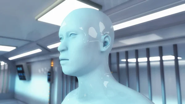 3D-rendering. Humanoid huvud och futuristiska rum — Stockfoto