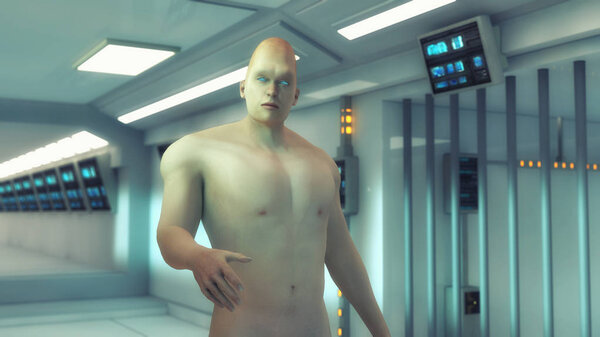 3D рендеринг. Производственная и футуристическая комната клонов человека
