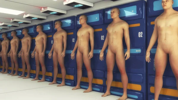 Lidské klony v futuristické místnosti — Stock fotografie