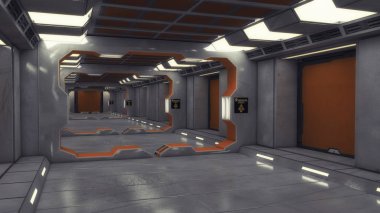 3D render. Fütüristik uzay gemisi iç koridor arka plan