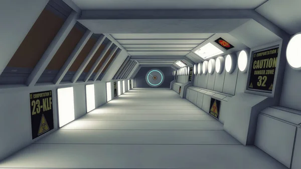 Renderização 3D. Nave espacial de corredor interior futurista — Fotografia de Stock