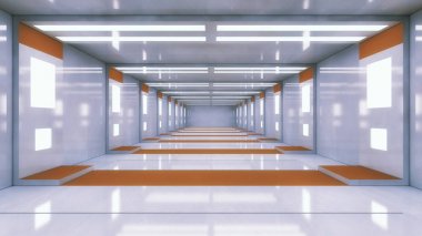 3D render. Fütüristik iç koridor uzay gemisi