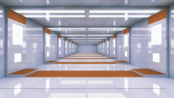 Renderização 3D. Nave espacial de corredor interior futurista — Fotografia de Stock