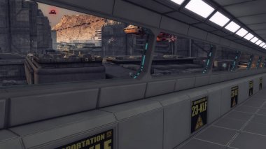 3D render. Fütüristik iç koridor uzay gemisi