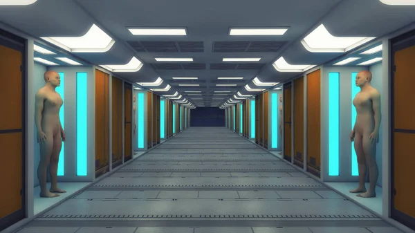 Renderização 3D. Nave espacial de corredor interior futurista — Fotografia de Stock