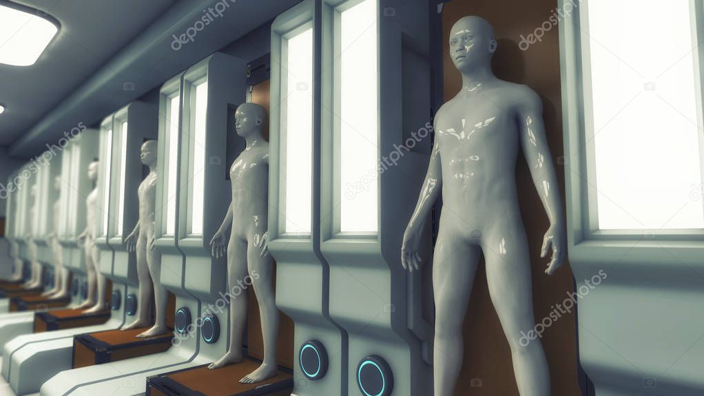 Human clones in futuristic room
