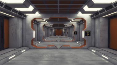 3D render. Fütüristik iç koridor uzay gemisi
