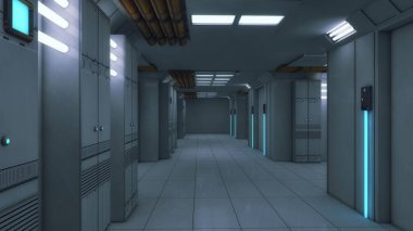 3D render. Fütüristik iç koridor uzay gemisi